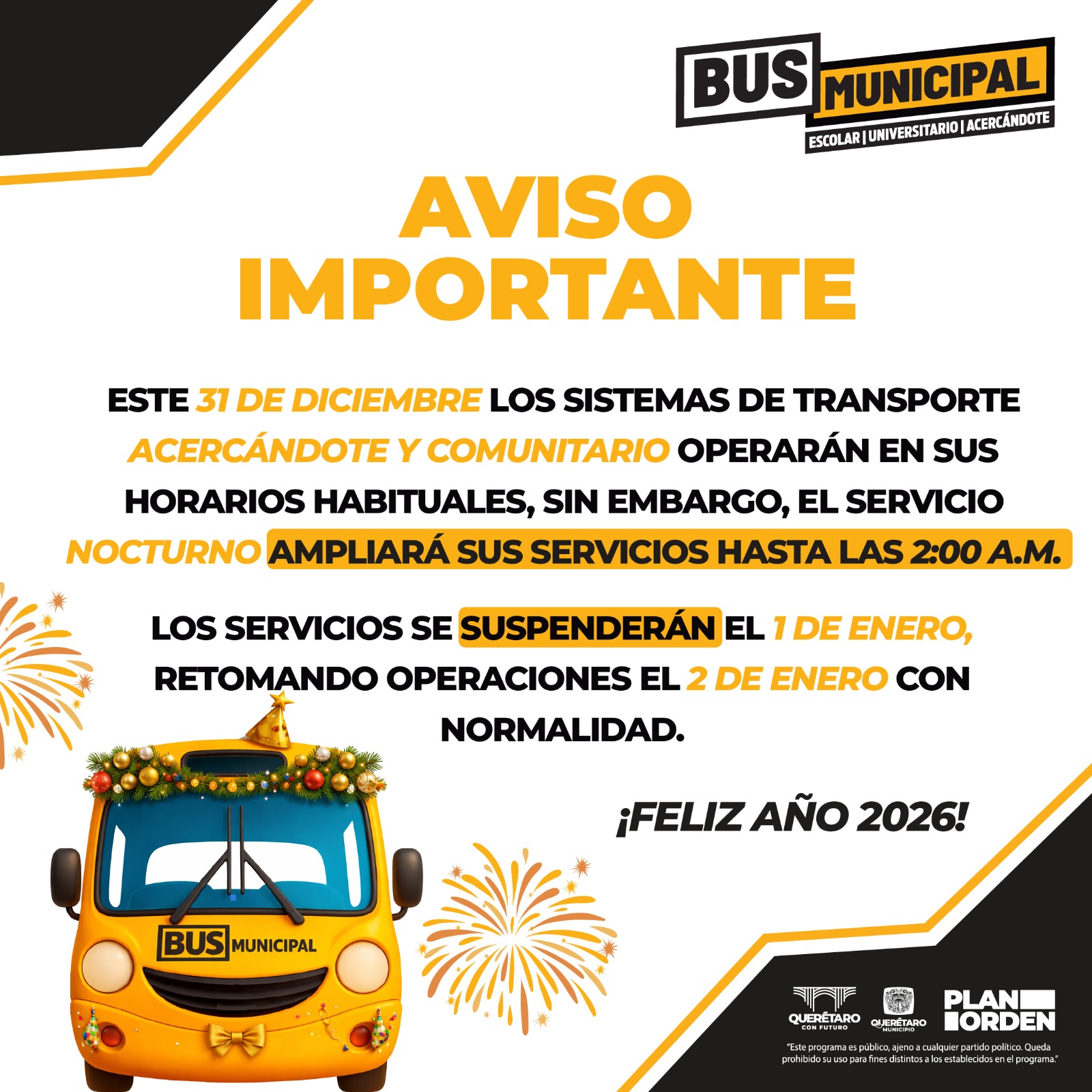 Municipio de Querétaro amplía servicio de transporte nocturno por festejos de Año Nuevo